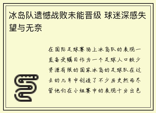 冰岛队遗憾战败未能晋级 球迷深感失望与无奈